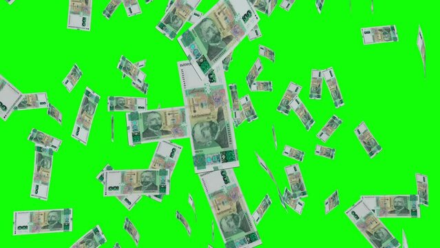 100 BULGARIAN LEVA notes falling Green screen