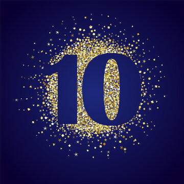 Top 10 icon design with golden backdrop. Happy 10th anniversary greetings. Isolated gold ball and number 10 with blue gradient. Creative decoration. Holiday background. Festive banner template.