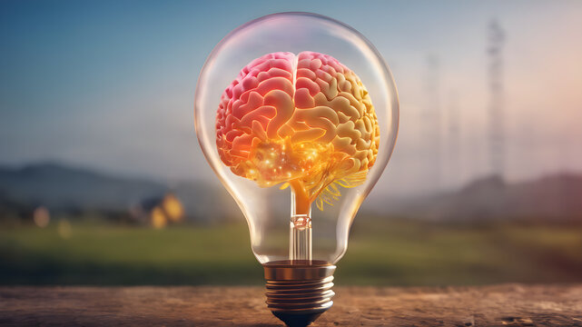  Virtual brain in light bulb education concept.creative thinking idea innovation strategy. AI generated image