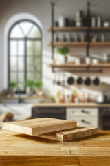 Wooden board with wooden pedestal and free space for your decoration. Kitchen interior with shelfs. Sun natural light and shadows. Mockup place for your products.  - 692518608