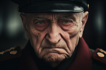 Dark depressive close-up portrait of the old white man in a military uniform and hat with a sad, wrinkled face on a gray blurred background. Senior general of a totalitarian country.