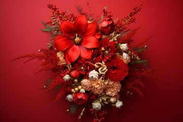 
bouquet in red tones of small flowers and one large flower on a red background