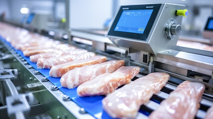 Meat processing, food industry. Meat slices in conveyor belt. Poultry farm for the production of chicken meat. Industrial production and packaging of chicken meat.