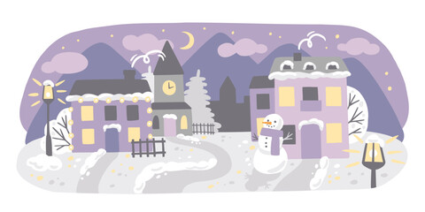 Winter night town. Vector illustration of Christmas city.