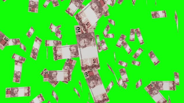 10 BRAZILIAN REAL notes falling Green screen