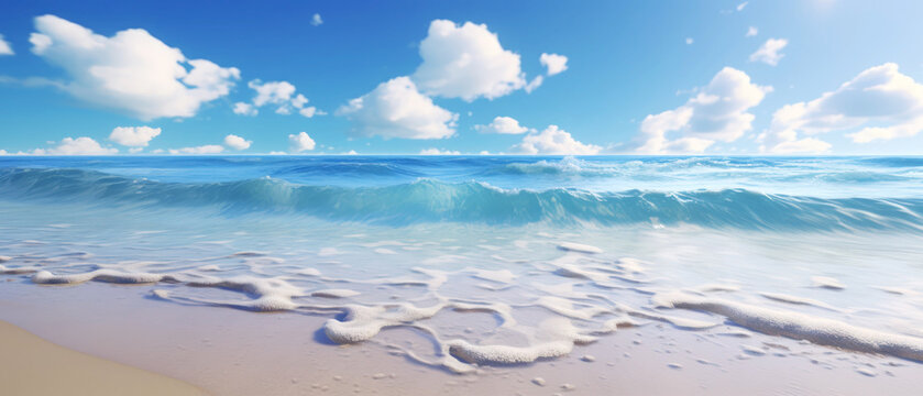 Serenity at Sea. A pristine white beach meets the tranquil azure waters under a sky dotted with clouds