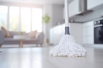 Close-up of a white rope mop covering the white floor on a blurred background of a modern white apartment with a white kitchen and a gray sofa near a large window. Cleaning conseption.
