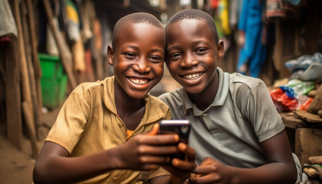 African kids using mobile phones. two african boys sitting outside using smartphones to play games