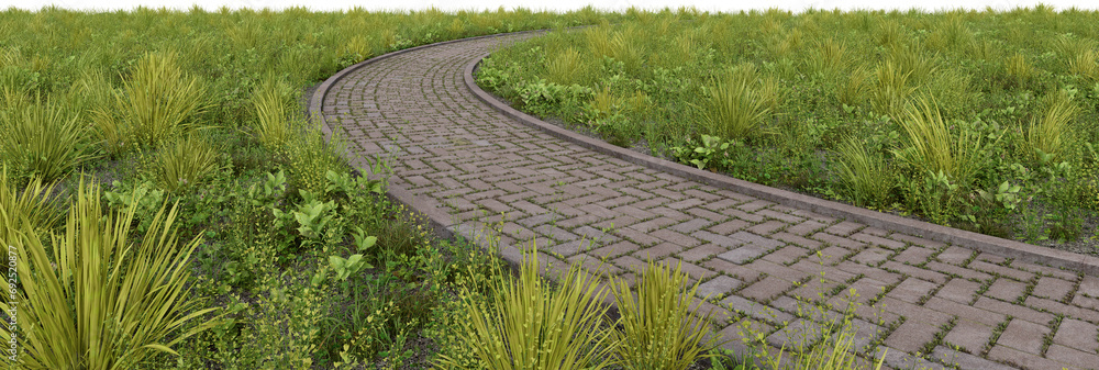 Poster meadow with concrete path walk. 3d rendering of isolated objects.