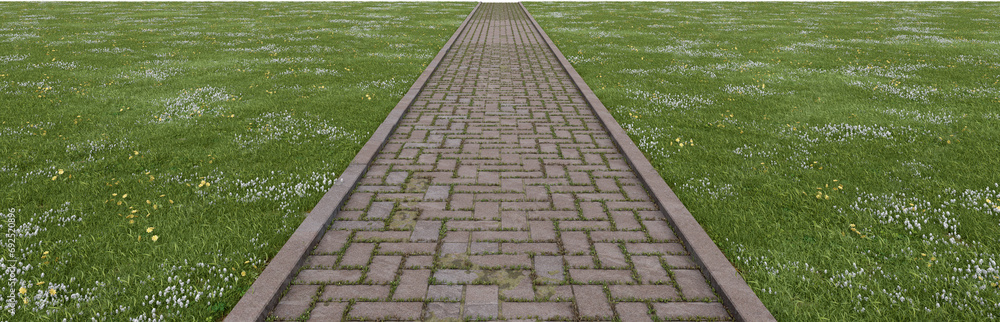 Poster meadow with concrete path walk. 3d rendering of isolated objects.