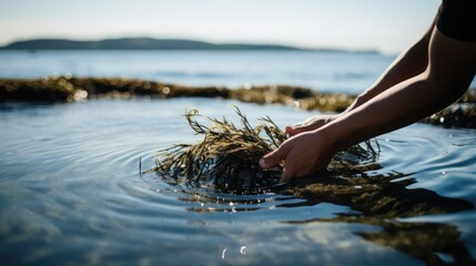 Close-up of hands collecting seaweed, with a clear blue ocean horizon in the background