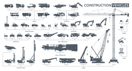 Construction vehicles icon set. Construction machines silhouette on white. Vector illustration