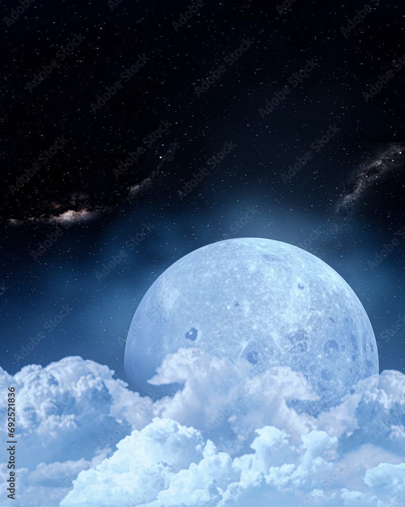 Wall mural the sky or space has a large moon. cumulus clouds cover the large lunar surface and the constellatio