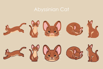 Simple and adorable Abyssinian Cat illustrations set