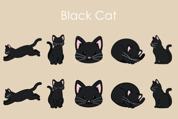 Simple and adorable Black Cat illustrations set