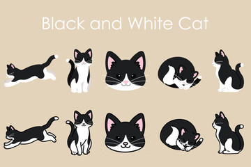 Simple and adorable Black and white Cat illustrations set - obrazy, fototapety, plakaty