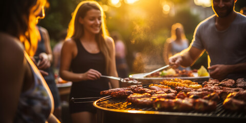Sunset barbecue party with friends, steaks grilling on charcoal grill, smoky backyard cookout, summer gathering, outdoor dining and socializing