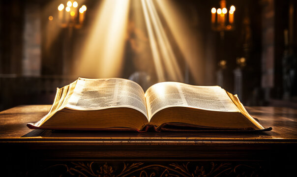 Open holy book on a wooden podium bathed in divine light within a hallowed place of worship, evoking spirituality, guidance, and enlightenment - Powered by Adobe