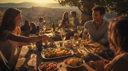 Young people celebrate in a vineyard at a rustic table set with cheese, wine, bread and sausage in Tuscany, AI generated