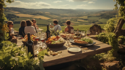 Young people celebrate in a vineyard at a rustic table set with cheese, wine, bread and sausage in...