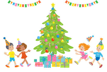 Obraz na płótnie Canvas Children in colorful party hats run to a decorated Christmas tree with gifts. In cartoon style. Isolated on white background. Vector flat illustration.
