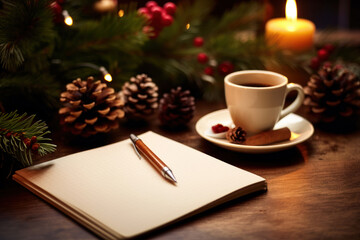 Fototapeta na wymiar New year resolutions background. Wooden table with blank notebook page, pen, coffee cup and decorated fir tree branch. Goals, resolutions, plan, action, checklist, shopping list concept