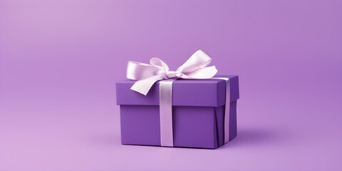 purple gift box with silver ribbon bow isolated on purple pastel color background with emtpy copy space.