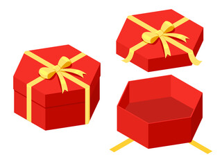 Open and close a Mystery Reward Red Hexagon gift box with a yellow ribbon on isolated white background. Random secret loot box isometric concept. Vector illustration cartoon flat design.