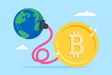 Bitcoin power plug absorbing energy from earth in flat design