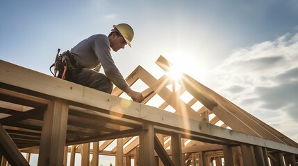 Roof worker or carpenter building a wood structure house construction