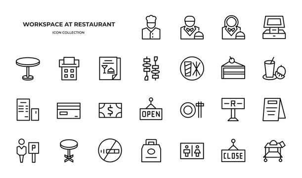 workspace at restaurant Icons Pack. Line icons set. Flat icon collection set. Simple vector icons.