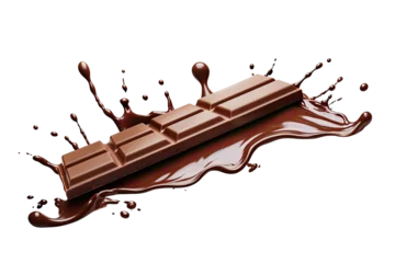 Tuinposter Chocolate bar or stick falling with sauce splashing in the air isolated on transparent background, dessert sweet concept, piece of dark chocolate. © TANATPON