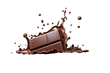 Chocolate bar or stick falling with sauce splashing in the air isolated on transparent background, dessert sweet concept, piece of dark chocolate.