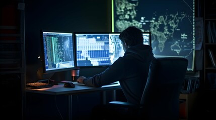 side of hacker scam working on monitor screen full of datacode computer coding in dark room