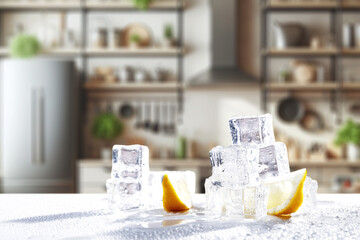 White wet desk top cover of ice cubes and lemon. Empty space for your bottle. Kitchen interior and...