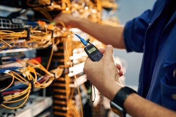 Signal stability measured by device. Young man is working with internet equipment and wires in...