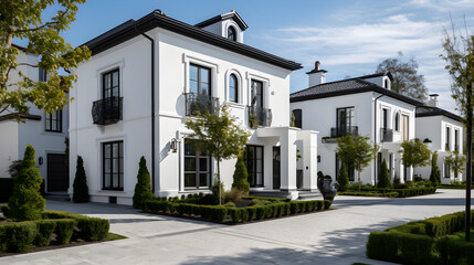 stucco finish traditional private townhouses. Residential architecture exterior. Generative AI