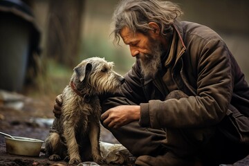 A homeless old man and his dog, an elderly tramp stroking a dog, is a touching social illustration about care and love. - obrazy, fototapety, plakaty