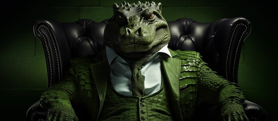 A business alligator in a suit, sitting in a leather armchair, is a business shark, a purposeful successful entrepreneur, a leader and a ruthless devourer of competitors.