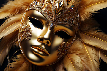 Golden carnival Venetian mask decorated with crystals and feathers