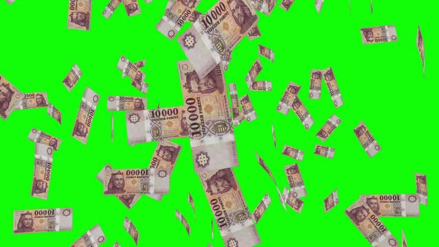 10000 HUNGARIAN FORINT notes falling Green screen