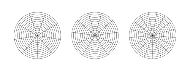 Wheel of life templates. Circle diagrams of life style balance. Coaching tool for visualizing all areas of life. Polar grid with segments, concentric circles. Blank of polar graph paper. Vector icons. - obrazy, fototapety, plakaty