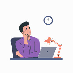 Fototapeta na wymiar Young man with question mark sit at desk from computer. Vector flat style cartoon