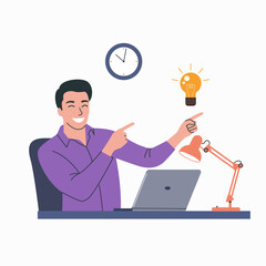 Young man with his head in his hands sit at desk from computer. Vector flat style cartoon  illustration