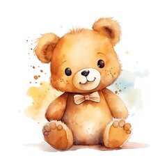 Generative AI, super cute brown teddy bear watercolor isolated on white background	

