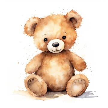 Generative AI, super cute brown teddy bear watercolor isolated on white background	
