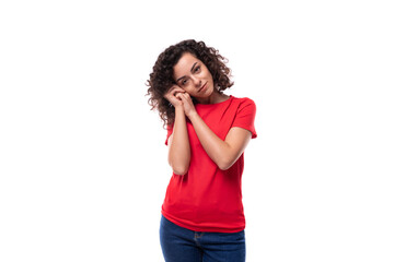 young caucasian active leader woman with black curly hair dressed in red t-shirt with fabric print mockup