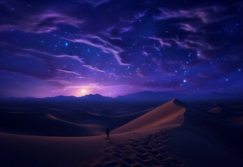 Moonlit sand dunes beneath purple night sky