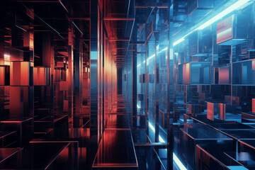 Abstract theme red and blue, mirror maze, fractals