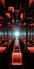 Red lights reflecting in a mirror maze. 
